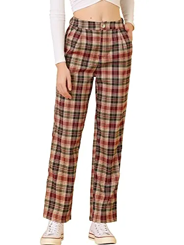 Women's Plaid Pants Elastic Waist Casual Work Office Long Trousers
