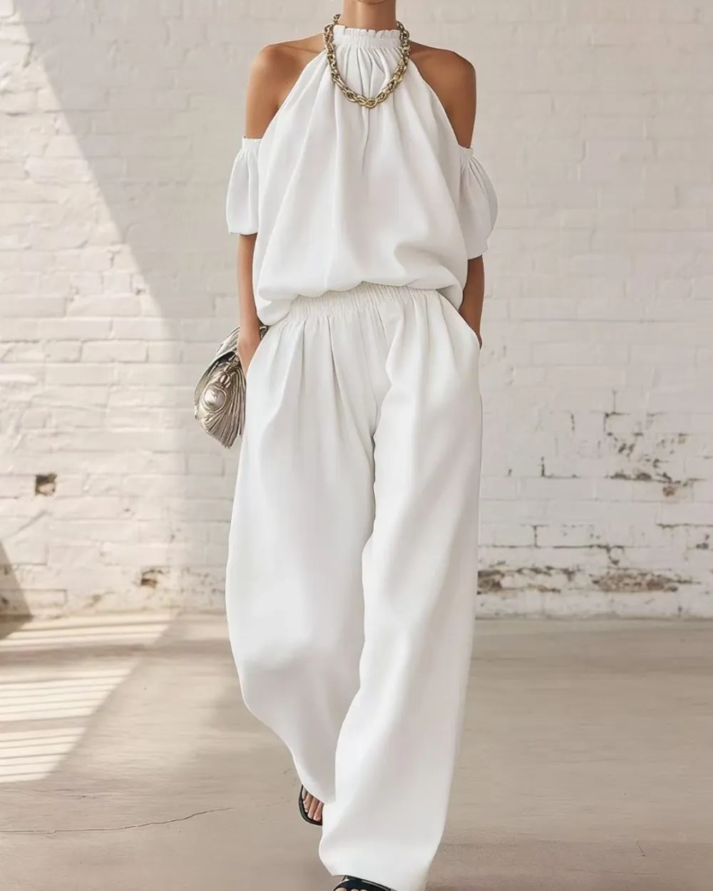 Folds and Halter Closure Casual Wide Leg Pants Set