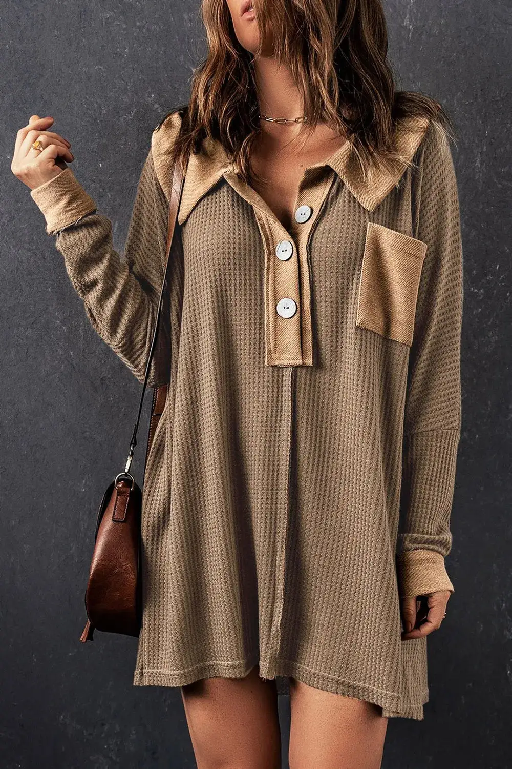Knit Waffle Button Front Sweater Dress