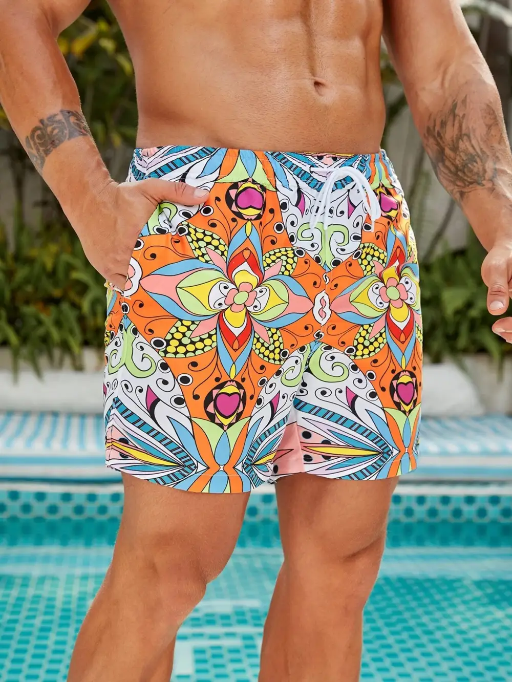 Men's Stylish Floral Print Drawstring Swim Trunks
