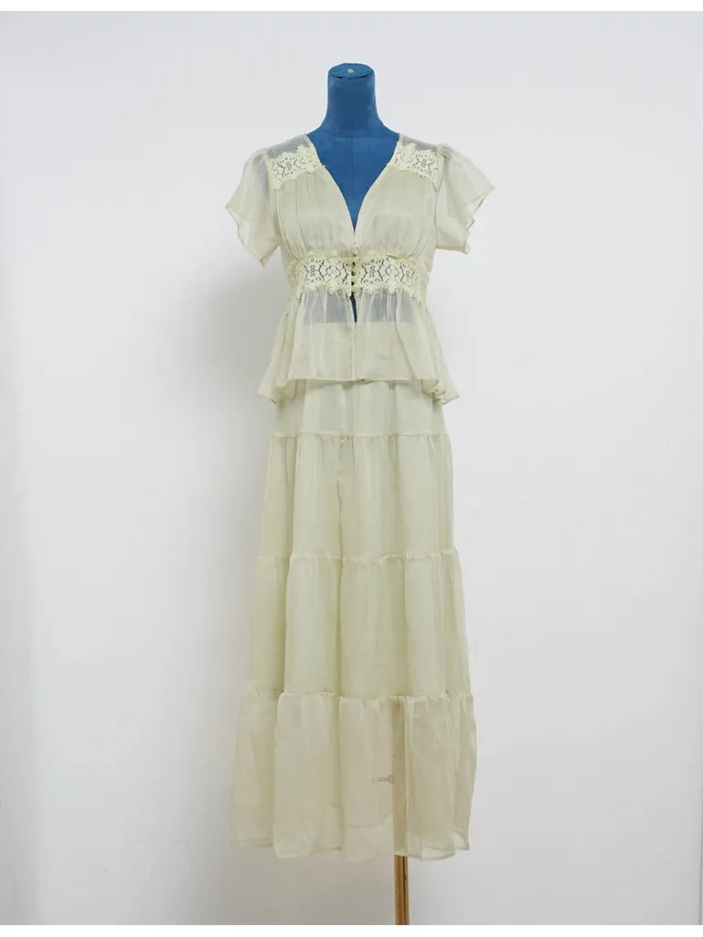 Lace Panel Button Front V Neck and Tiered Hem Midi Skirt Set