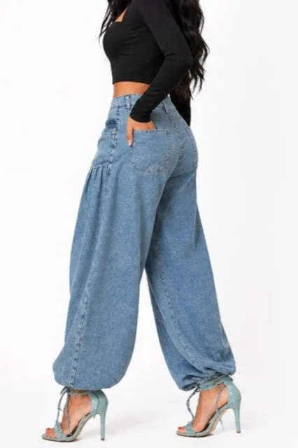 Washed Up Drawstring Ankle Jeans Dk Denim