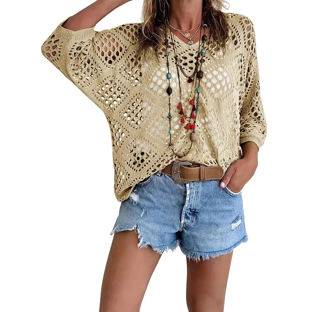 Women's Bohemian-Inspired Beige Crochet Top with V-Neck