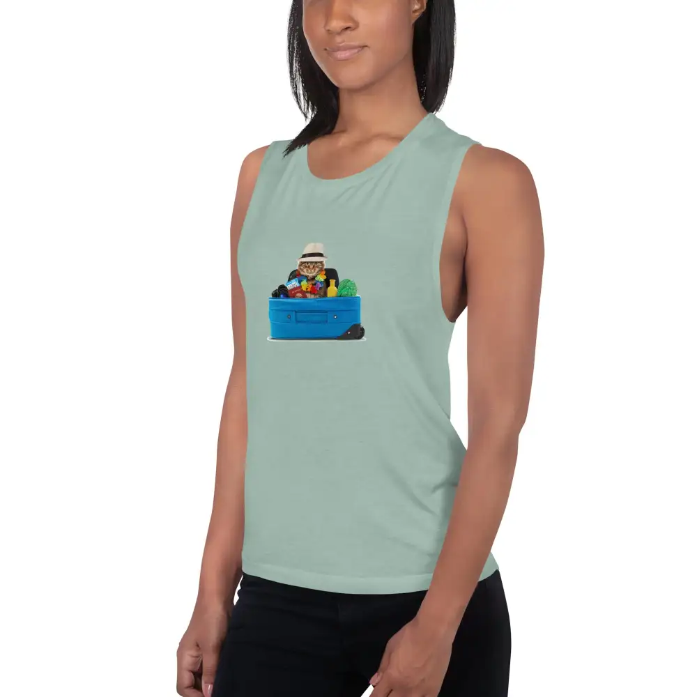 Graphic Ladies Muscle Tank Cat Tourist Tank Top