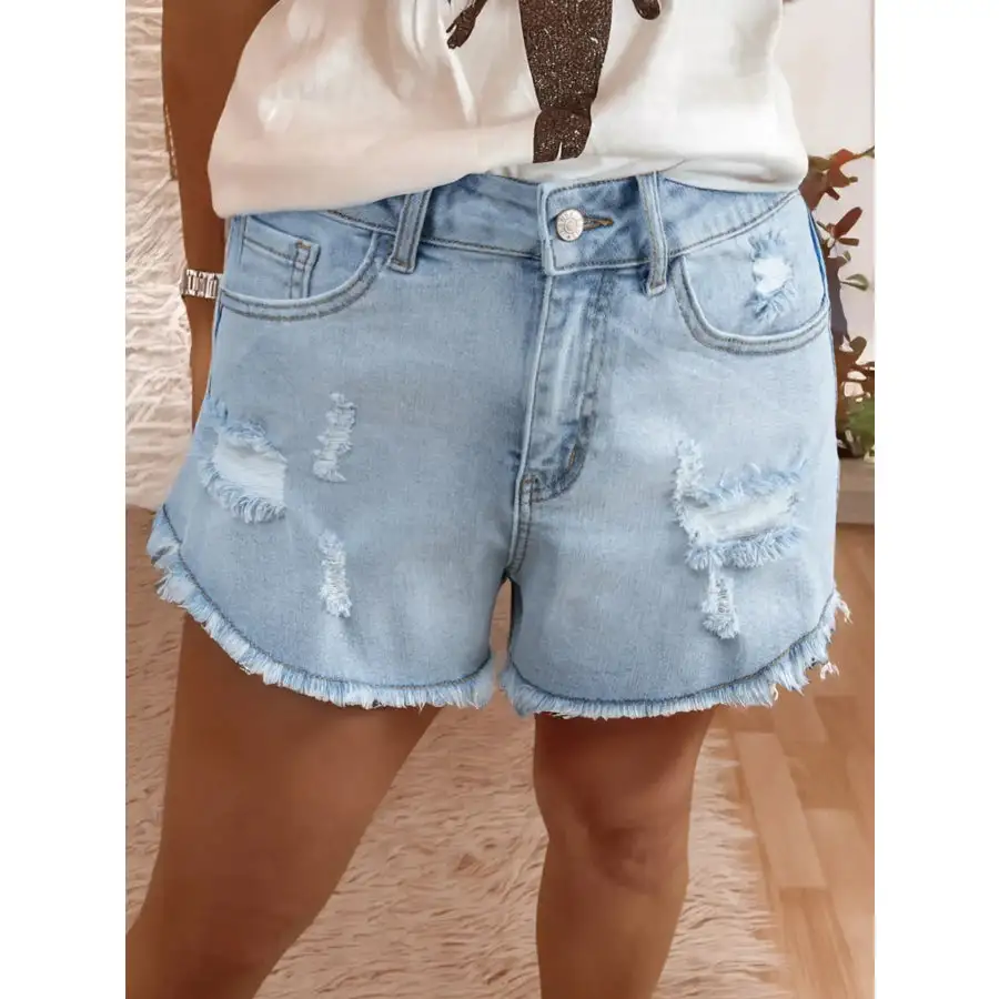 Relaxed Raw Hem Distressed High Rise Pocketed Shorts