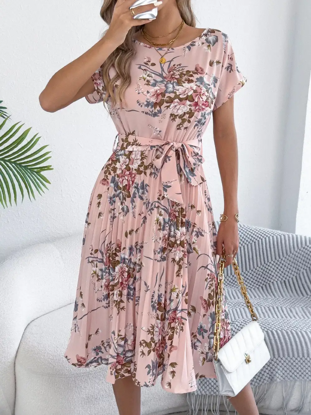 Print Pleated A-line Midi Dress