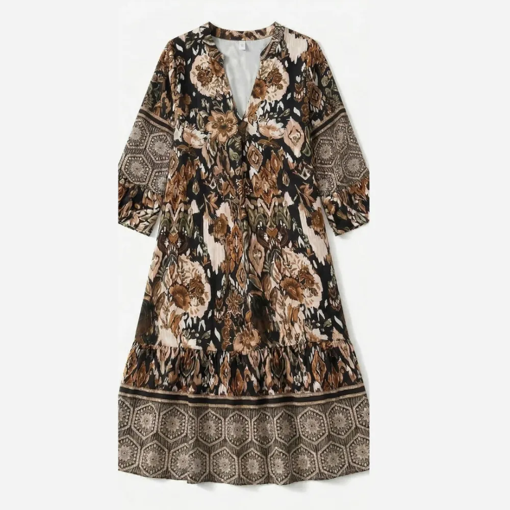 V Neck Floral Printed Midi Dress