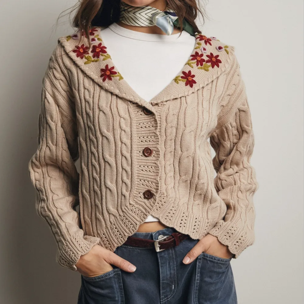 Floral Detail Cable Knit Dropped Shoulder Cardigan