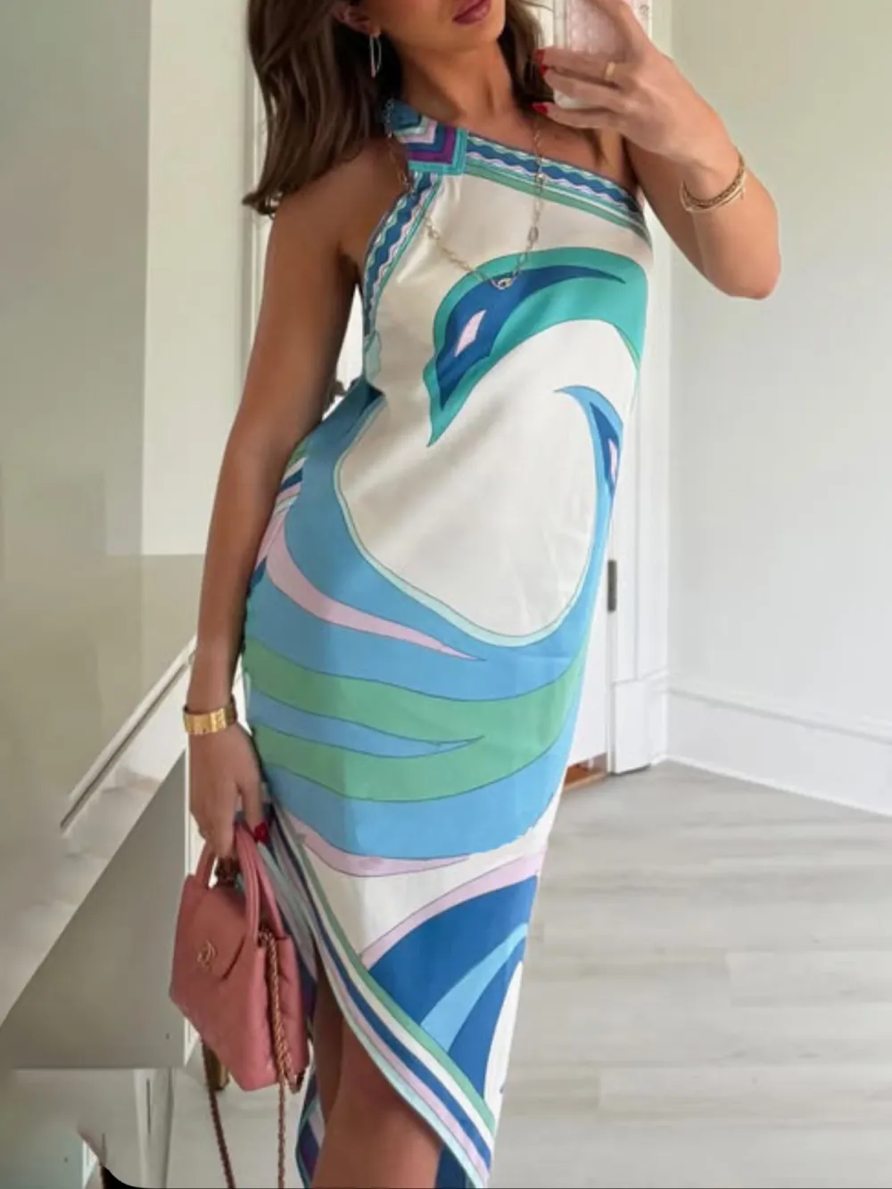 Satin Print One Shoulder Irregular Hem Midi Dress