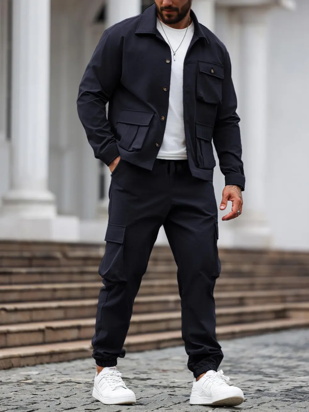 Men's Solid Color Pocket Button Front Shirt & Pants Two-Piece Set