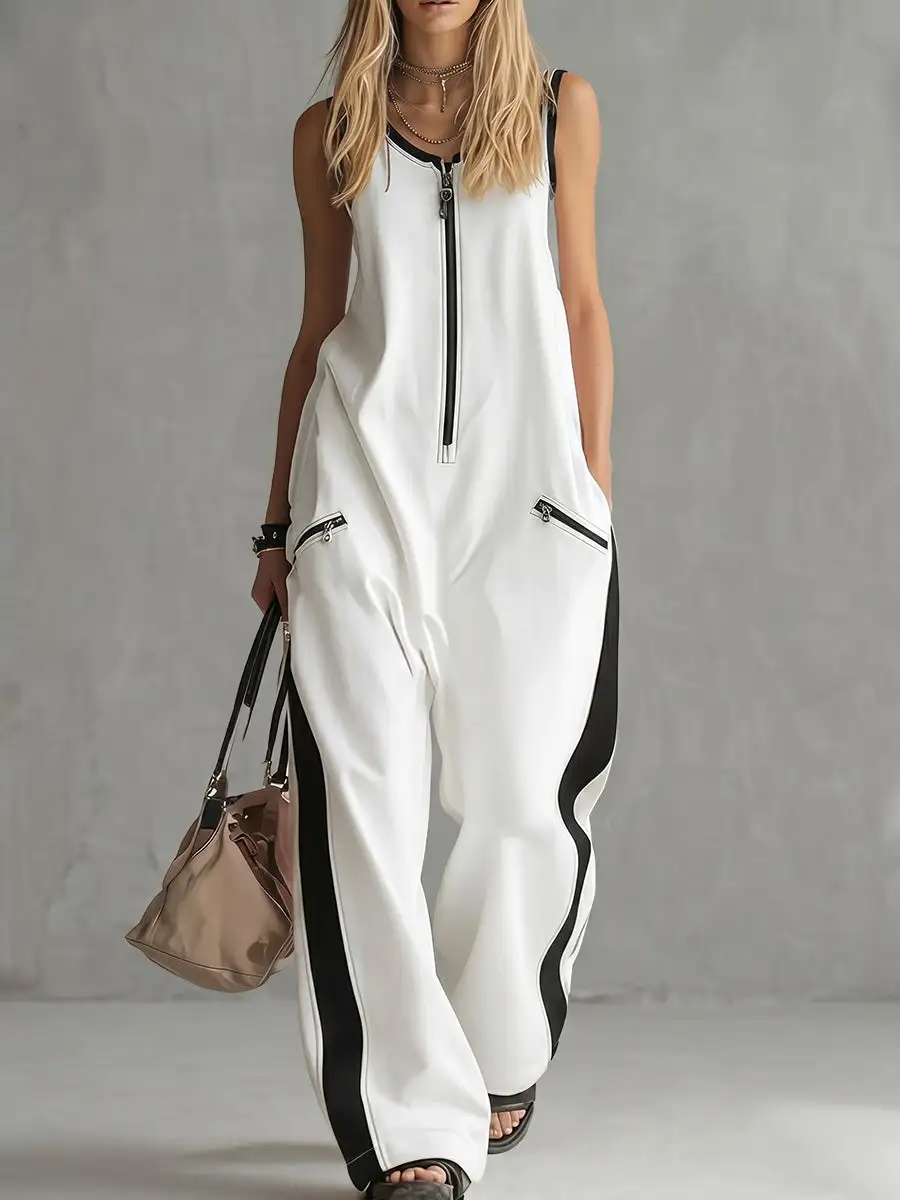 Losse Mouwloze Jumpsuits Met Contrasterende Kleuren Rits En