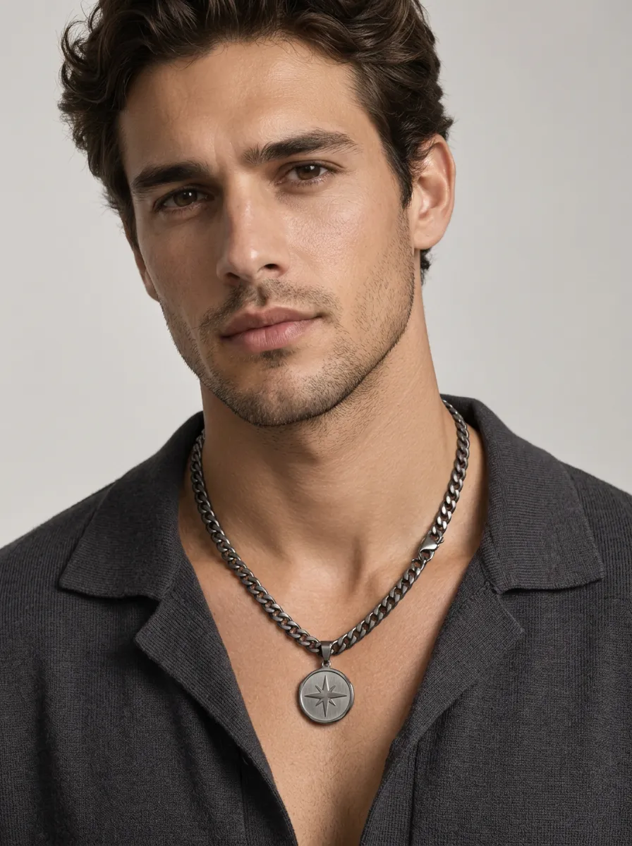 Men's North Star Compass Pendant Curb Chain Necklace