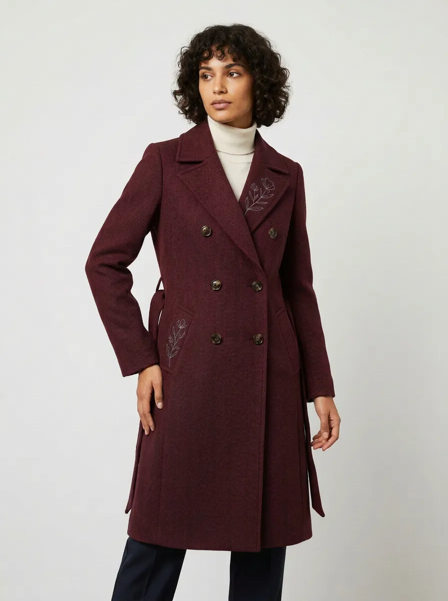 Women's Floral Embroidered Navy Herringbone Coat