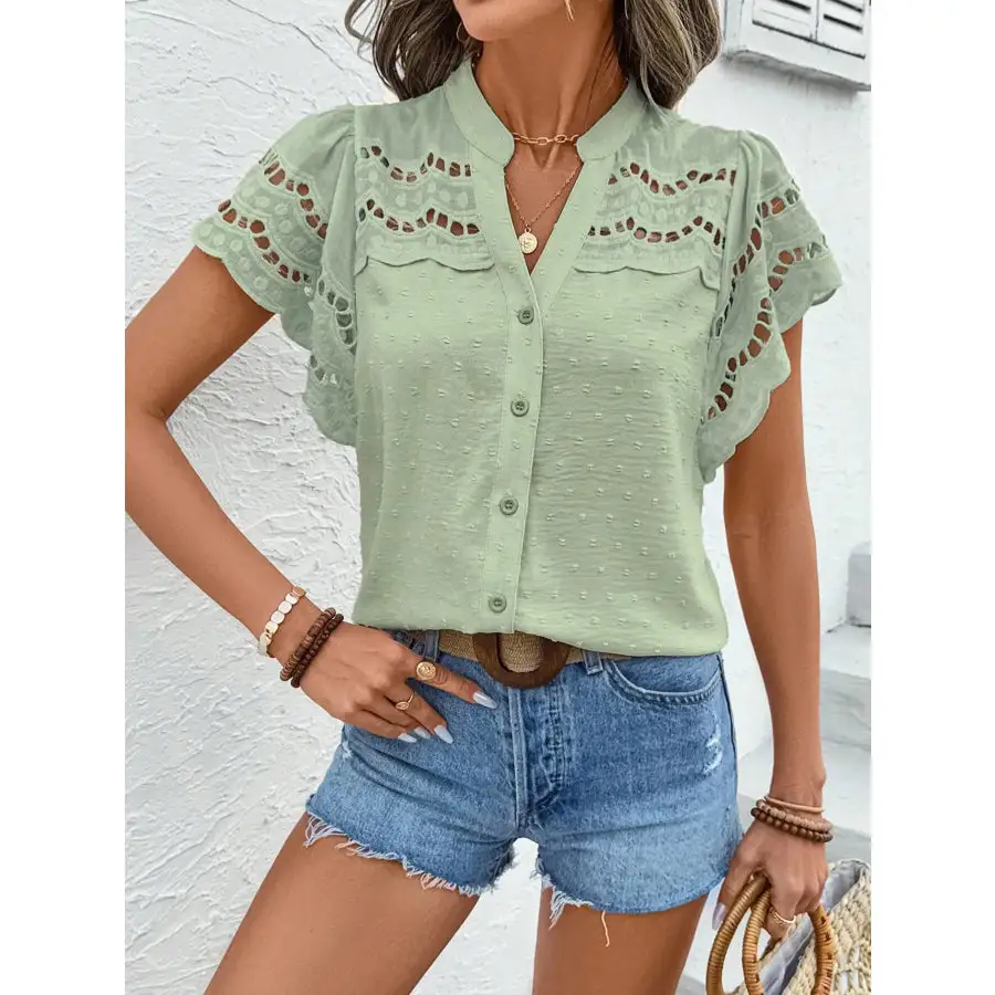 Swiss Dot Cutout Button Down Shirt