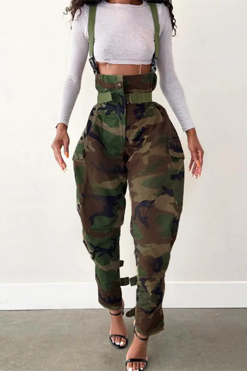 Fashion Casual Camouflage Print Split Joint Regular Strap Jumpsuits