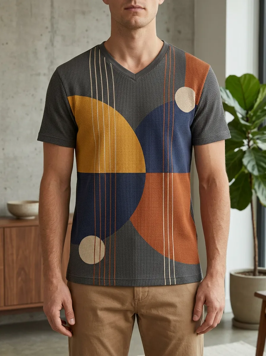 Men's Dynamic Geometric Abstract Circle V-Neck T-Shirt