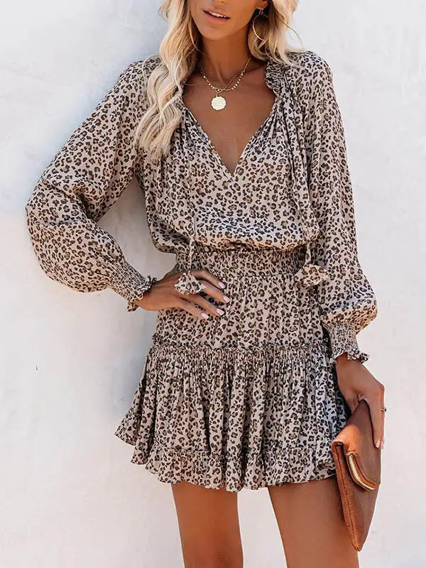 Long Sleeve Contrast Color Leopard Pleated Split Joint Tied