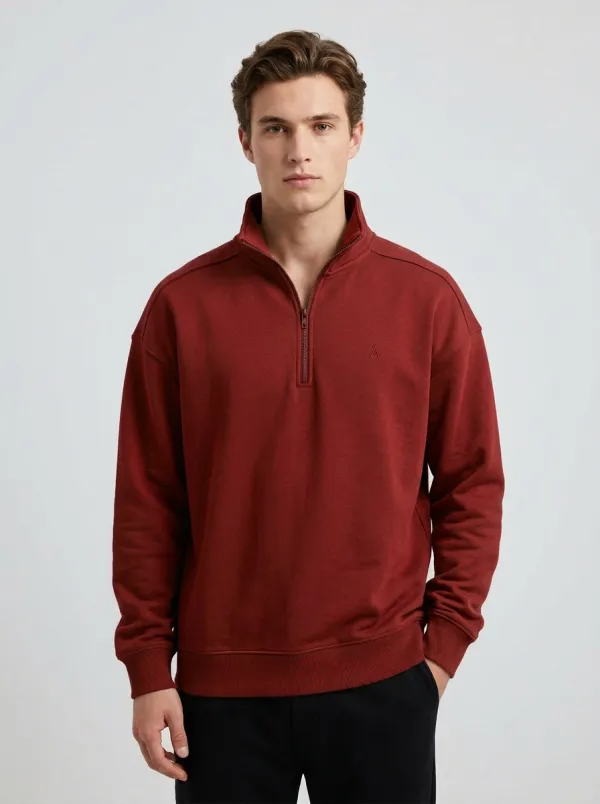 Men's Everyday Minimalist Textured Embroidered Emblem Quarter-Zip Sweatshirt