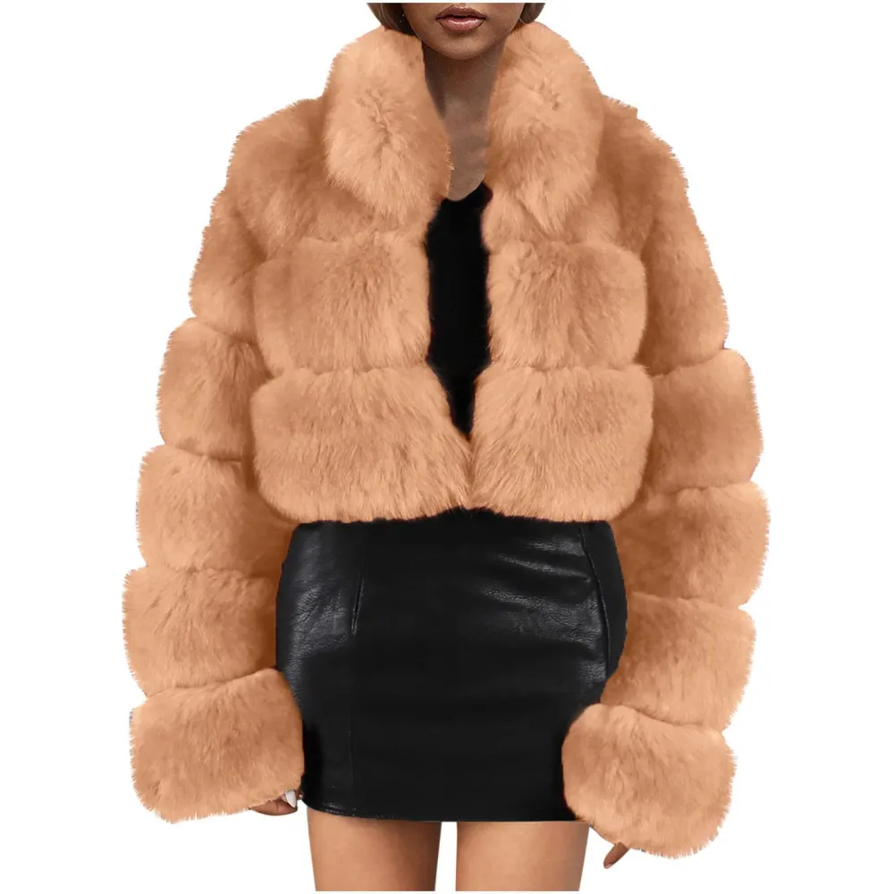 X1-Khaki Faux Fur Coat Women with Hood Cropped Bubble Coats Fleece Short Warm Jackets Plus Size Winter Coats for Women