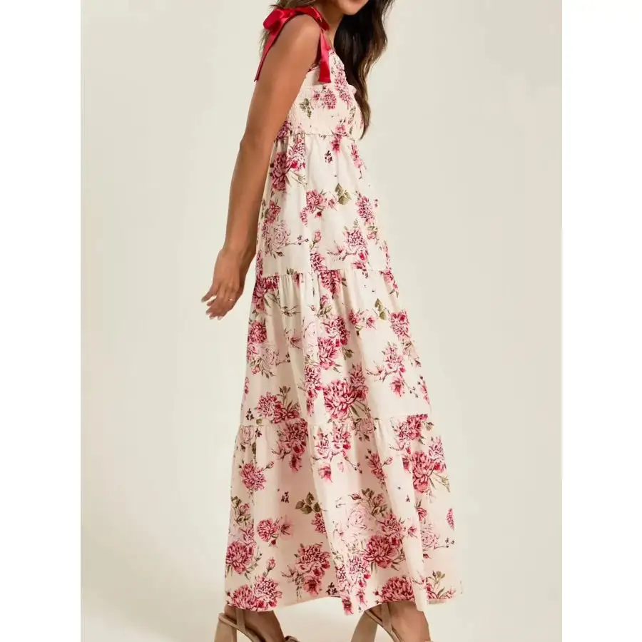 Smocked Tie Shoulder Printed Maxi Dress