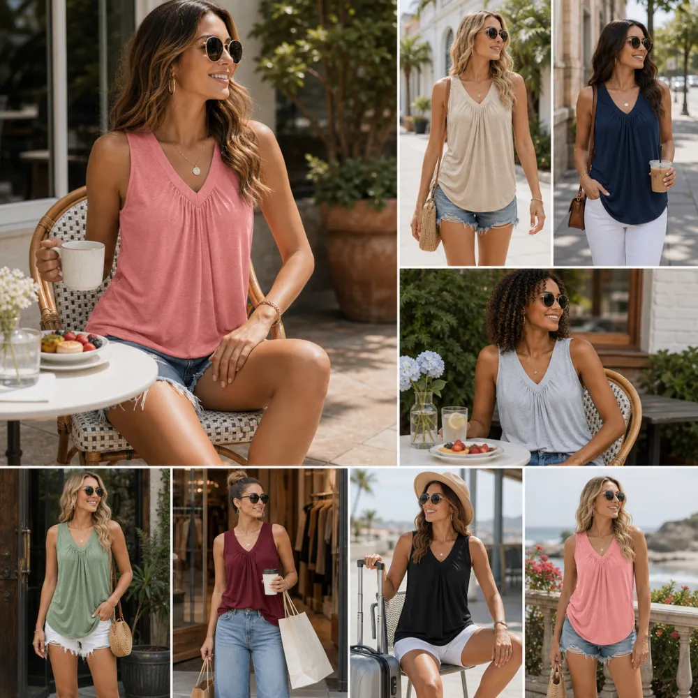 Women's V-Neck Ruched Sleeveless Tank Tops