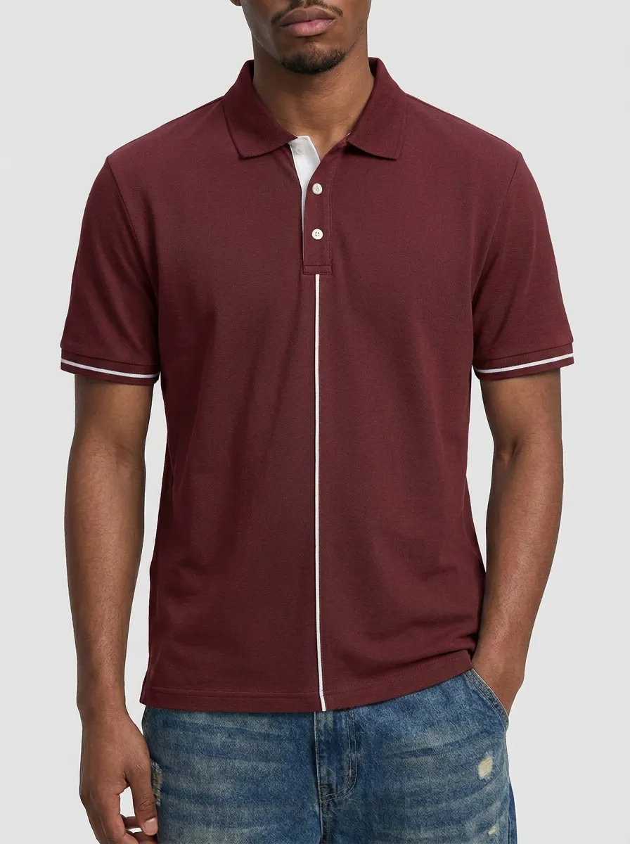 Men's Knit Textured Striped Contrast-Piping Contrast-Trim Running Polo Shirt