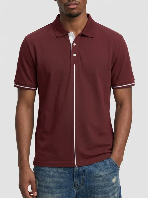 Men's Knit Textured Striped Contrast-Piping Contrast-Trim Running Polo Shirt