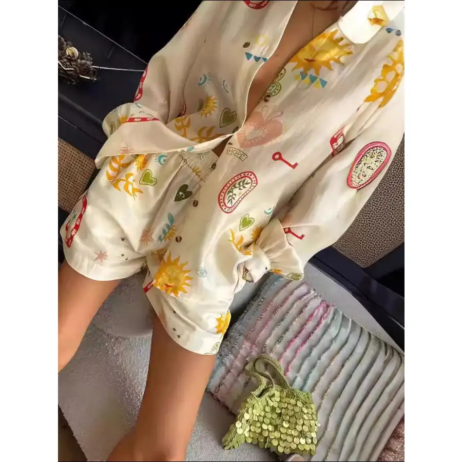 Printed Long Sleeve Shirt and Shorts Set