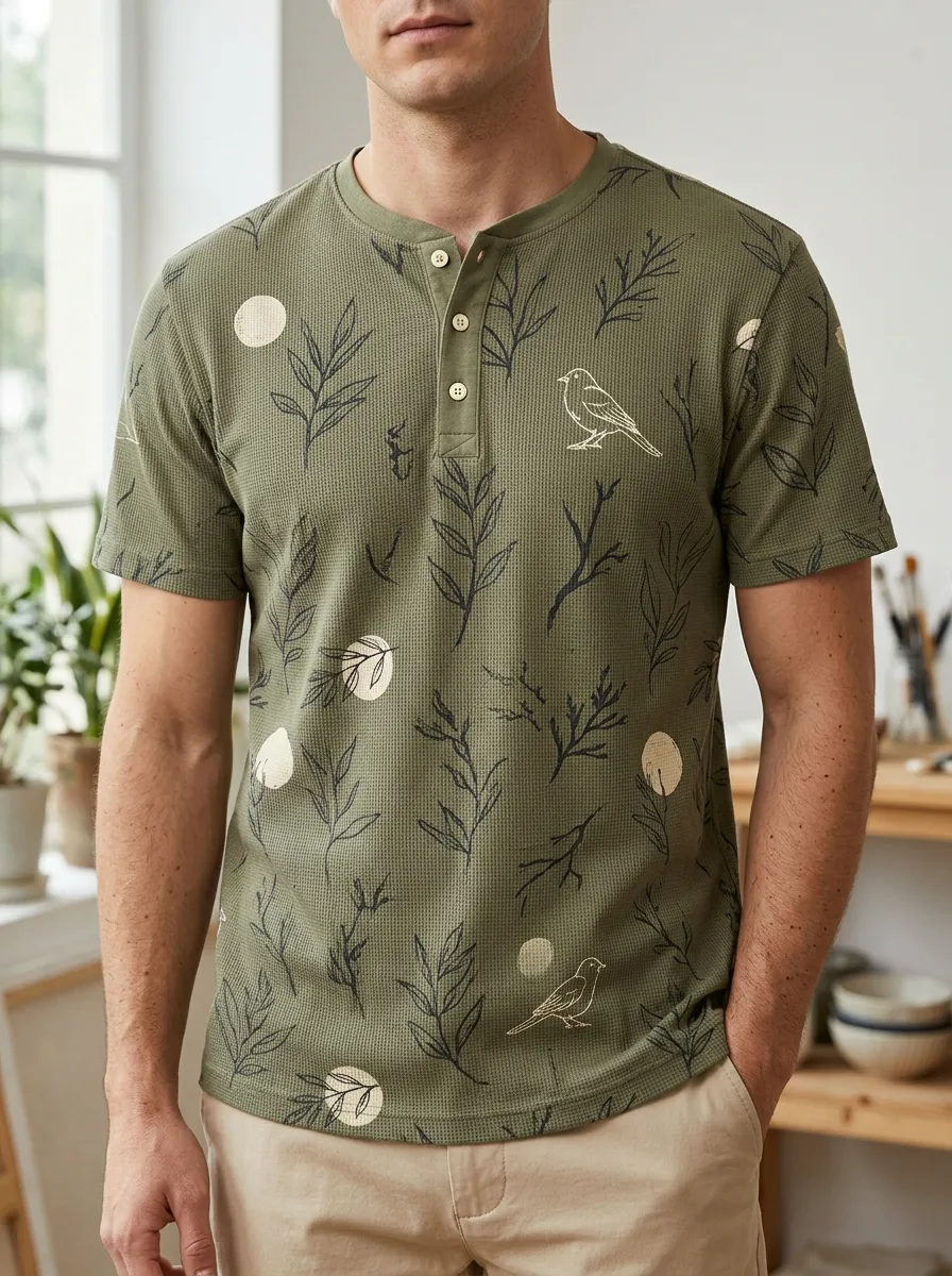 Men's Classic Nature Lover Bird and Leaf Henley T-Shirt