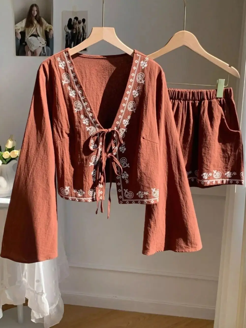 Embroidered Tie Front Top & Shorts Set