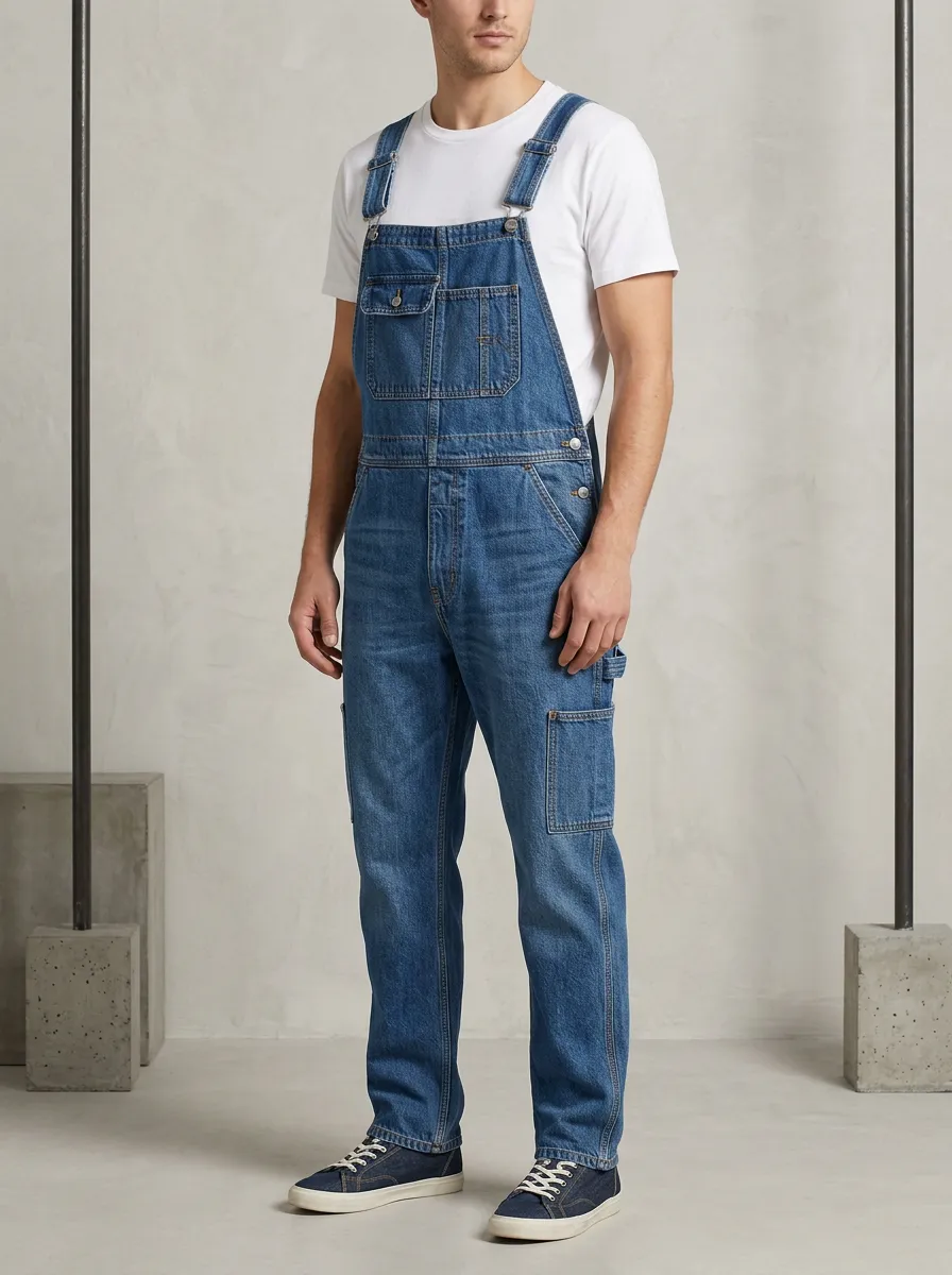 Men's Casual Vintage Blue Denim Cargo Overalls