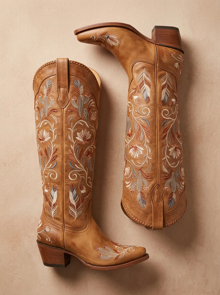 Women's Western Floral Feather Embroidered Block-Heel Stacked-Heel Denim Over-the-Knee Boots