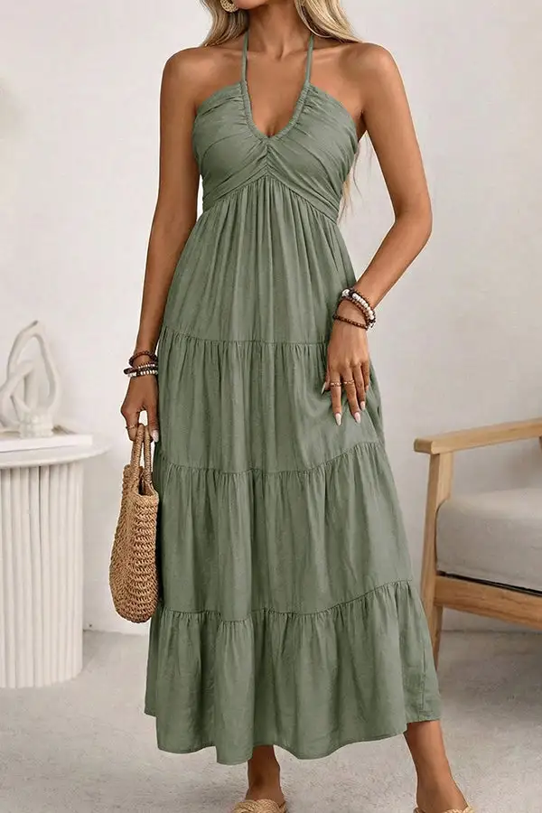 Color Smocked Back Halter Neck Dress