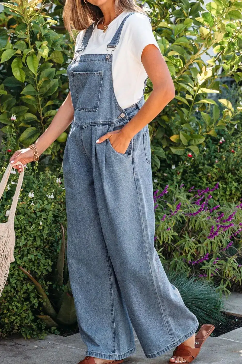 Pleated Wide Leg Retro Pocketed Jumpsuit Denim Pants