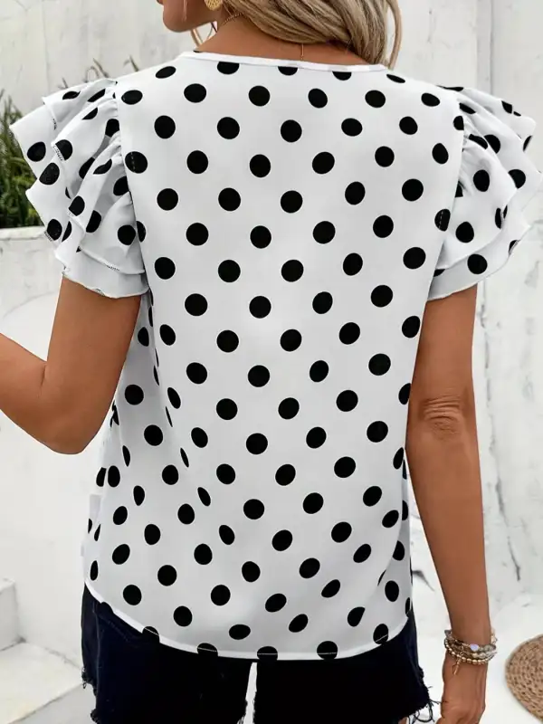 Polka Dot Print Ruffled Short Sleeve Blouse