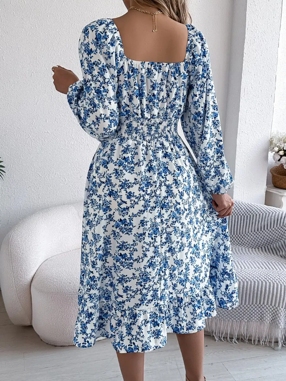 Floral Printed Square Neck Midi Dress