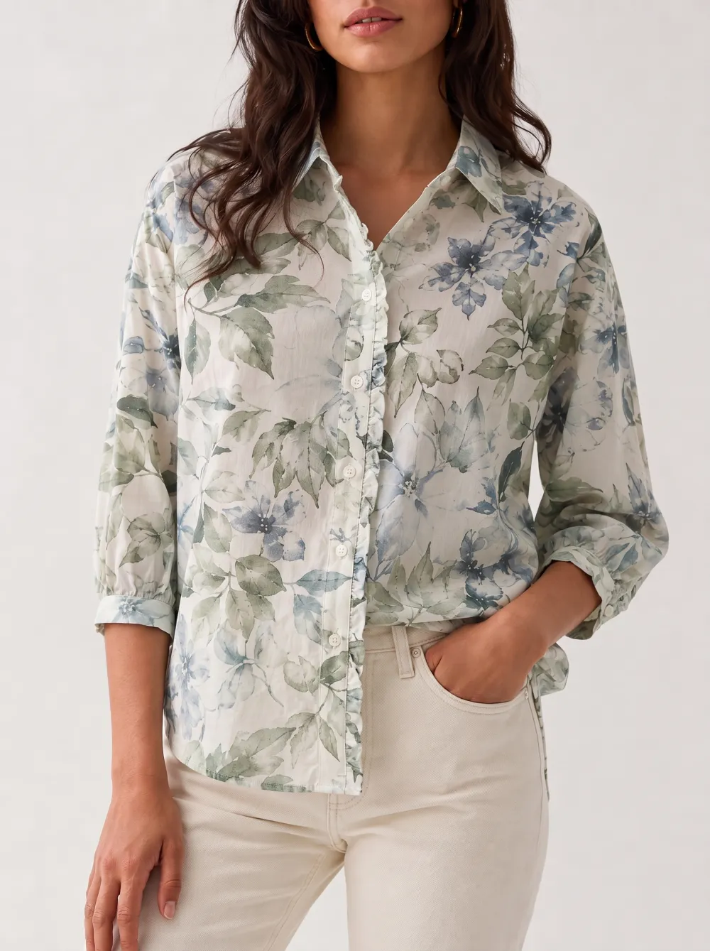 Women's Botanical Floral Point Collar Ruffle Placket Shirt