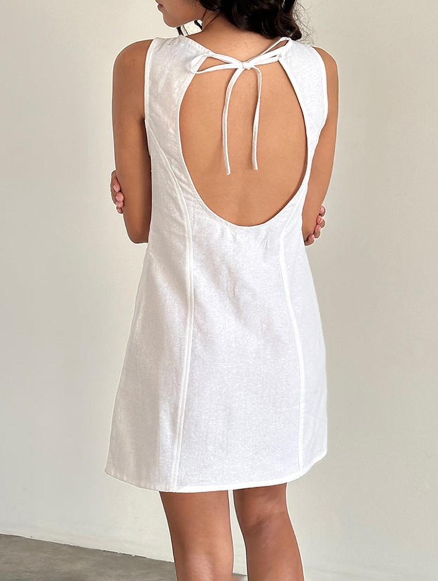 Open Back Mini Dress In Off White Linen