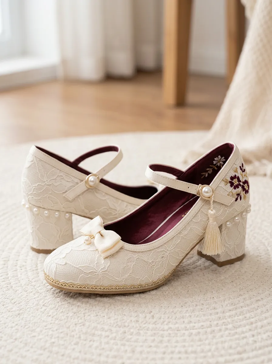 Mary Jane Lace Floral Tassel Women's Bavarian Occasion Heels