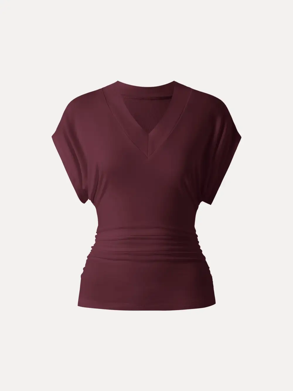 Semi-Sheer Lyocell Cashmere Blend V-Neck Short Sleeve Side Ruched Tee