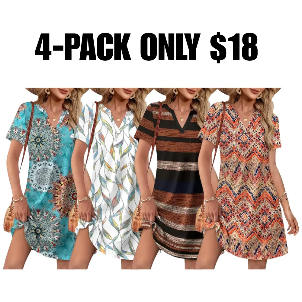 Women’s Summer Casual Dress – V-Neck Short Sleeve Beach Dress