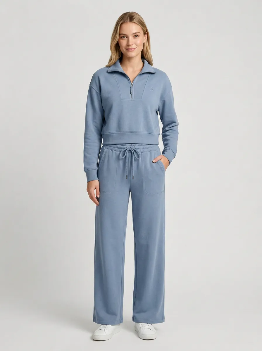 Women's Casual Blue Quarter-Zip Cropped Sweatshirt Wide-Leg Pants Set