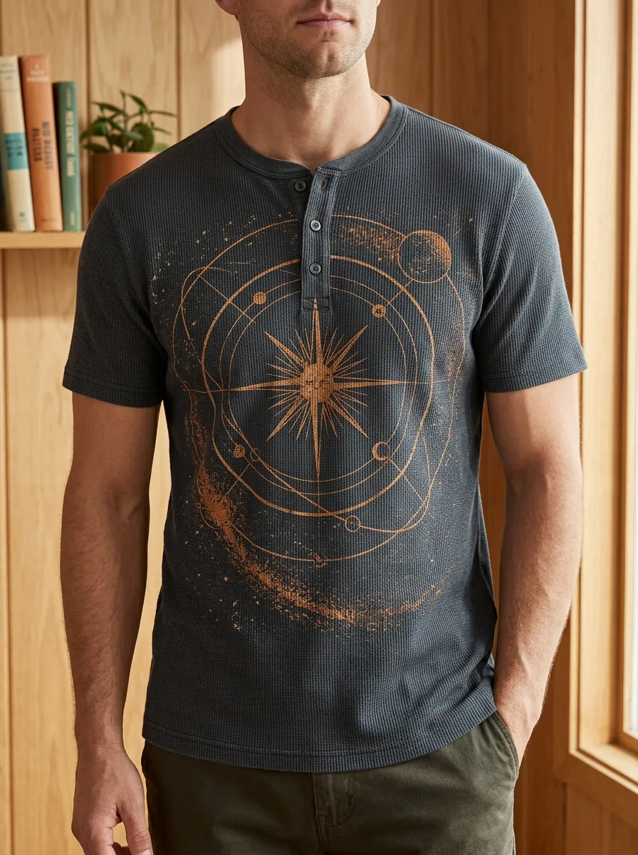 Men's Astronomy Lover Celestial Solar System Printed Henley T-shirt