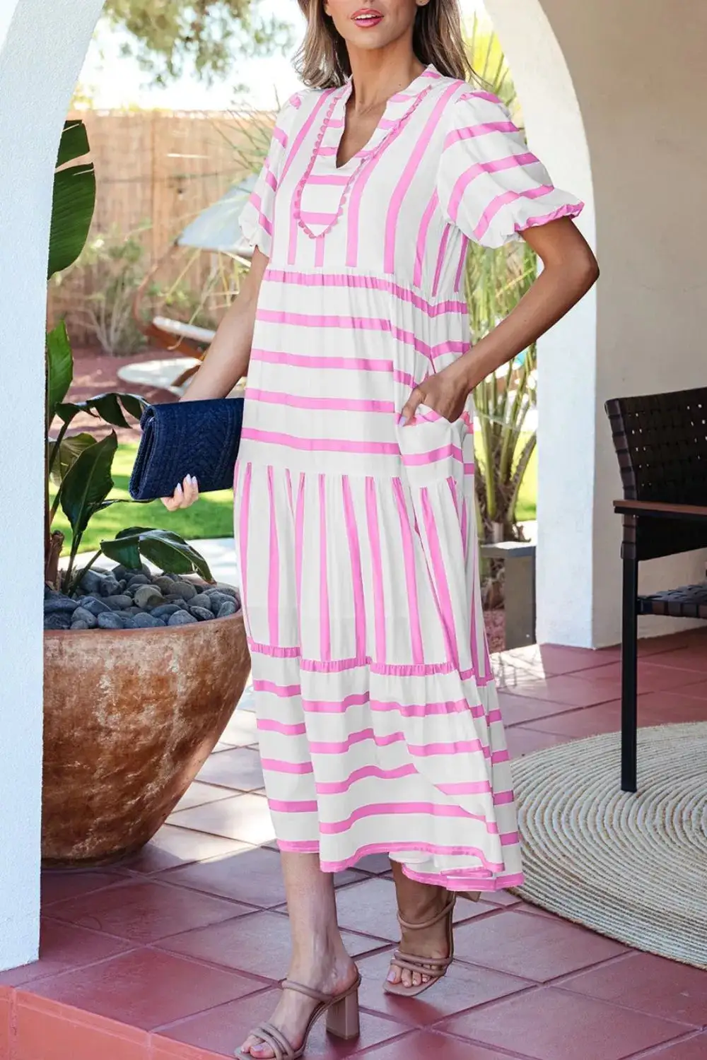 Striped Split Neck Short Sleeve Dress Casual