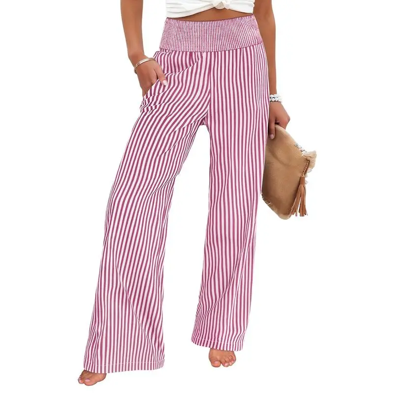 Women's High-Waisted Casual Striped And Checkered Wide-Leg Pants