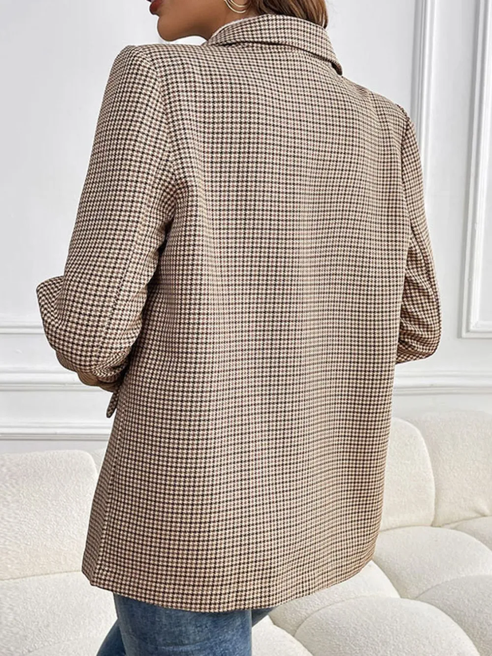 Lapel-Collar Long-Sleeve Plaid Blazer