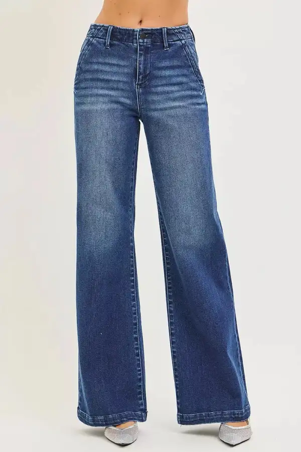High Rise Slanted Pocket Wide Leg Jeans