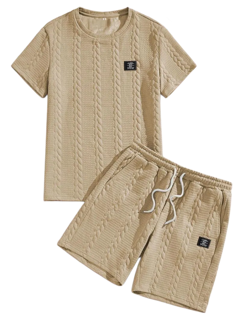Men's Solid Textured Patched Tee & Drawstring Waist Shorts Set