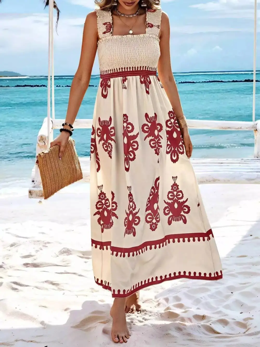 Printed Square Neck Smocked Maxi Dress