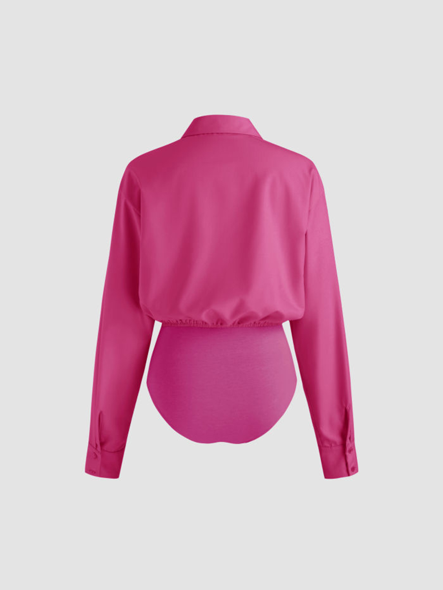 Collar Solid Button Long Sleeve Blouse Bodysuit